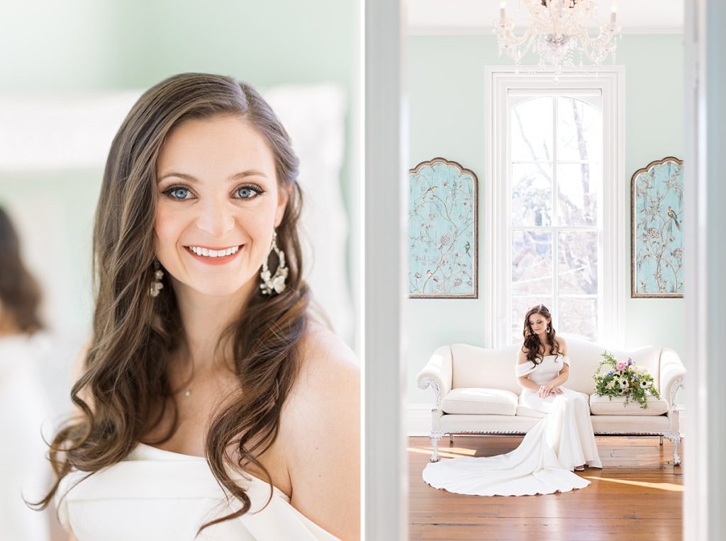 Bride sitting on couch | Bridal Portraits at Merrimon-Wynne | Raleigh NC Wedding Photographer | Bridal Portrait Photographer
