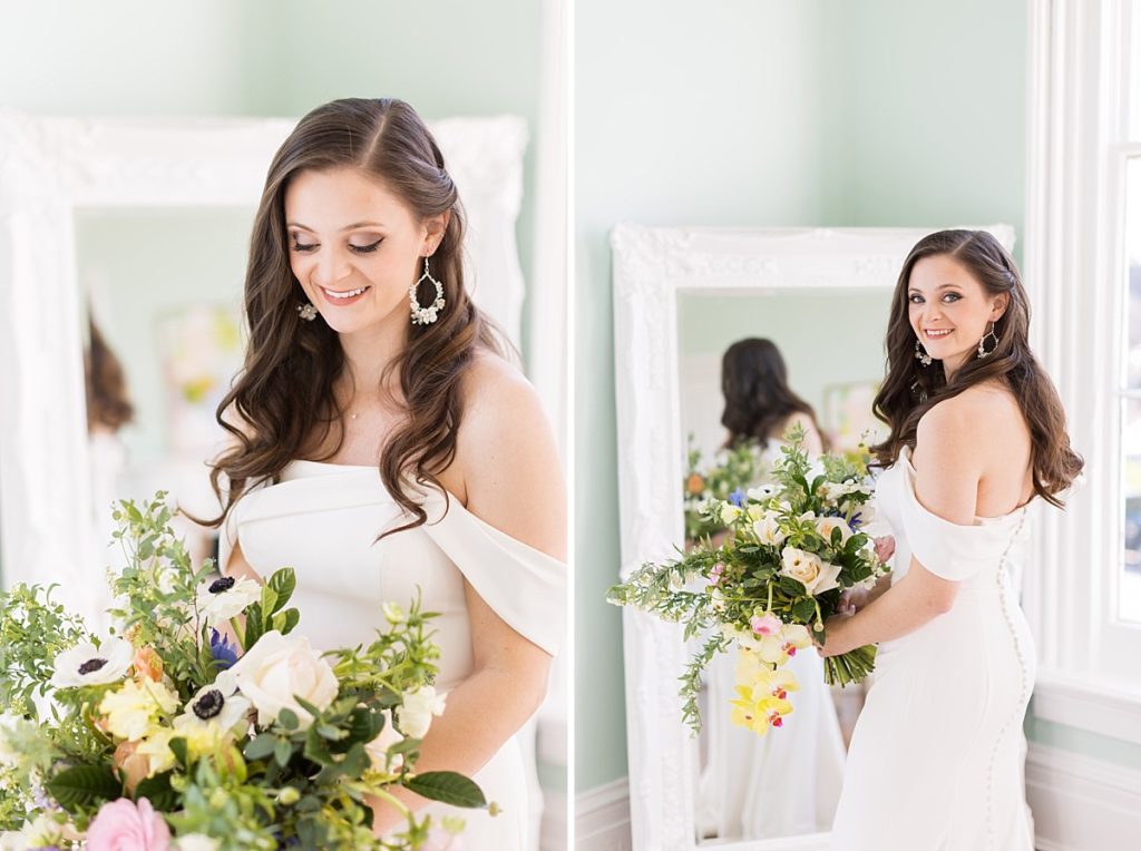 Bride with bridal bouquet in front of mirror | Bridal Portraits at Merrimon-Wynne | Raleigh NC Wedding Photographer | Bridal Portrait Photographer