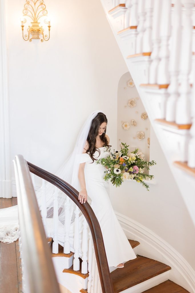 Bride walking down grand staircase | Bridal Portraits at Merrimon-Wynne | Raleigh NC Wedding Photographer | Bridal Portrait Photographer