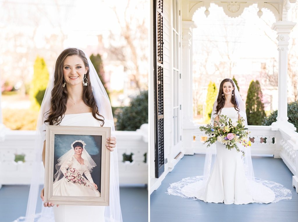 Bride holding a picture of her mom in a wedding dress | Bridal Portraits at Merrimon-Wynne | Raleigh NC Wedding Photographer | Bridal Portrait Photographer