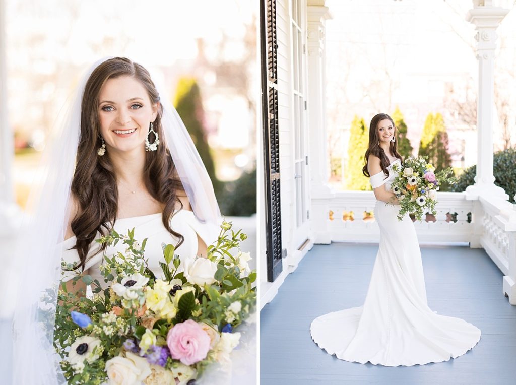Bride holding bouquet outside on porch | Bridal Portraits at Merrimon-Wynne | Raleigh NC Wedding Photographer | Bridal Portrait Photographer