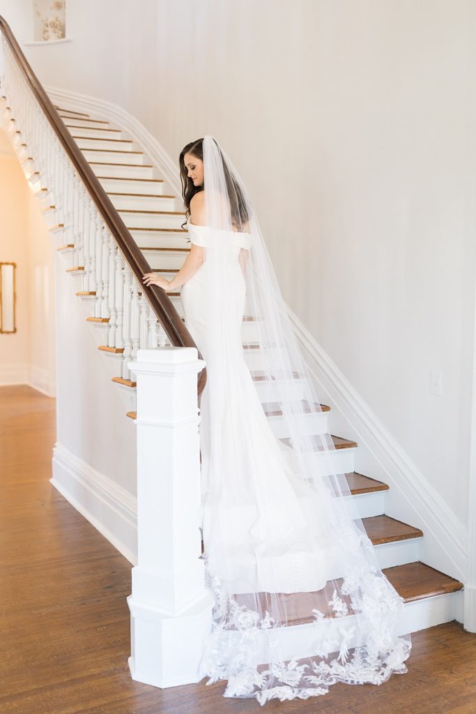 Bride walking up grand staircase | Bridal Portraits at Merrimon-Wynne | Raleigh NC Wedding Photographer | Bridal Portrait Photographer