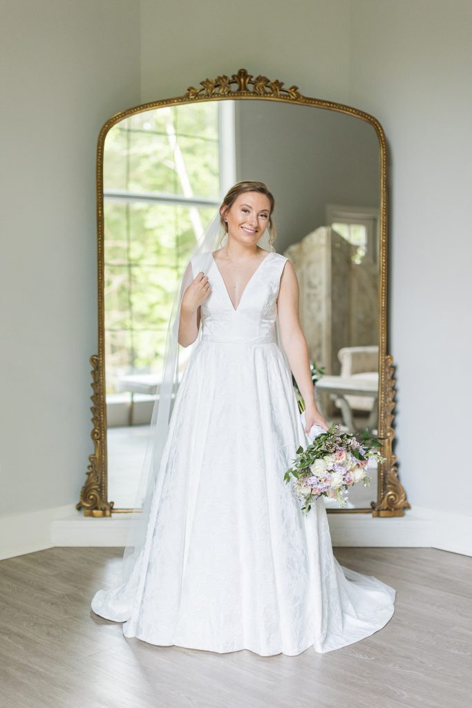 Bride in front of antique mirror | Bridal Portraits at Carolina Grove | Raleigh NC Wedding Photographer 