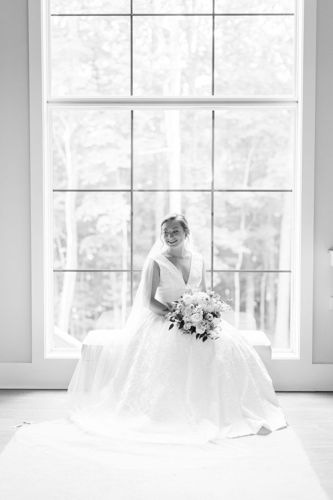 Bridal portrait in front of large window | Bridal Portraits at Carolina Grove | Raleigh NC Wedding Photographer 