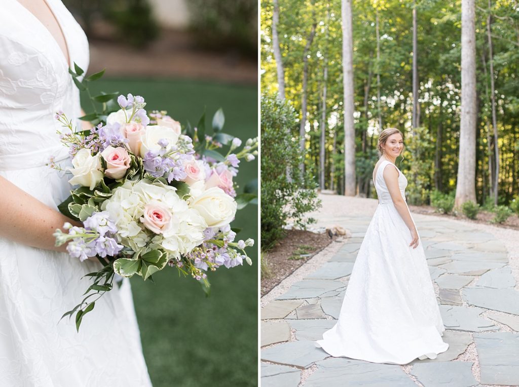 Pastel and white bridal bouquet | Bride on stone walkway | Bridal Portraits at Carolina Grove | Raleigh NC Wedding Photographer 
