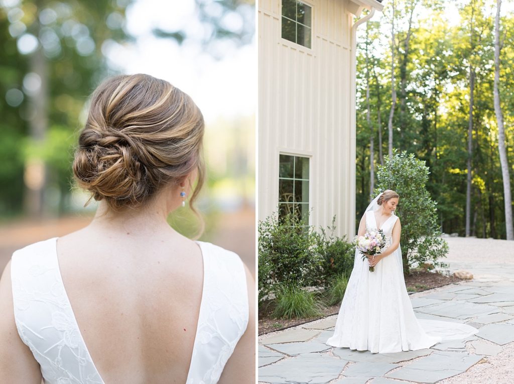 Bridal hair details and bride outside venue | Bridal Portraits at Carolina Grove | Raleigh NC Wedding Photographer 