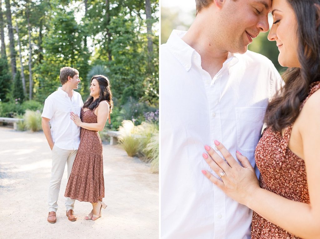 Outfit inspiration for men for engagement session and couple embracing | | Duke Gardens engagement photos | Raleigh NC wedding photographer 
