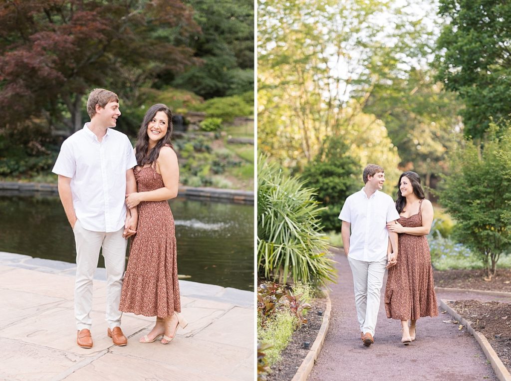 engagement photo in front of pond and couple walking down garden path | Duke Gardens engagement photos | Raleigh NC wedding photographer 