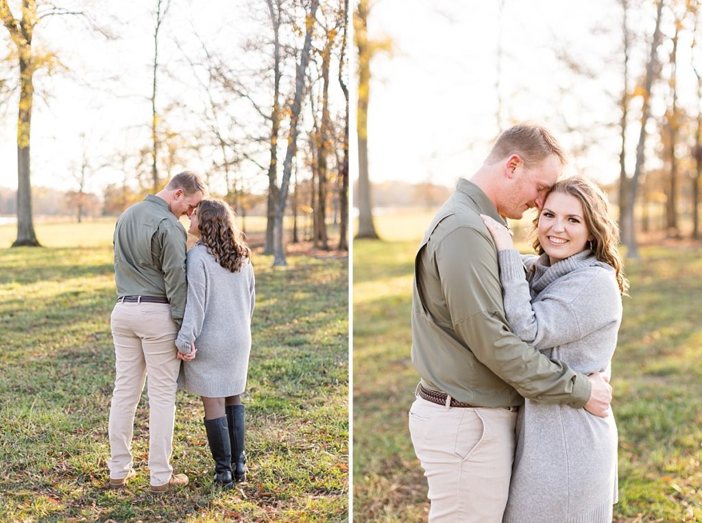 Sweater dress paired with button down and khakis for fall engagement photoshoot | Raleigh NC Wedding & Engagement Photographer 