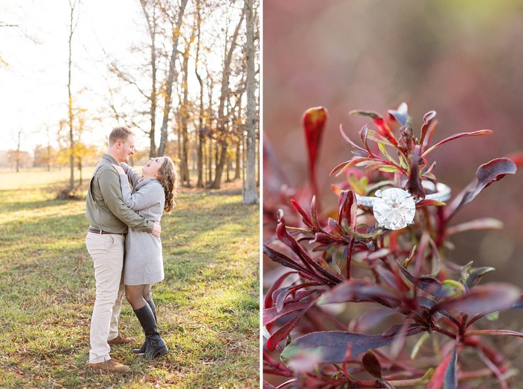 Couple laughing and embracing and engagement ring in red plants | Fall Engagement Photo Session at The Farmstead | Raleigh NC Wedding & Engagement Photographer 