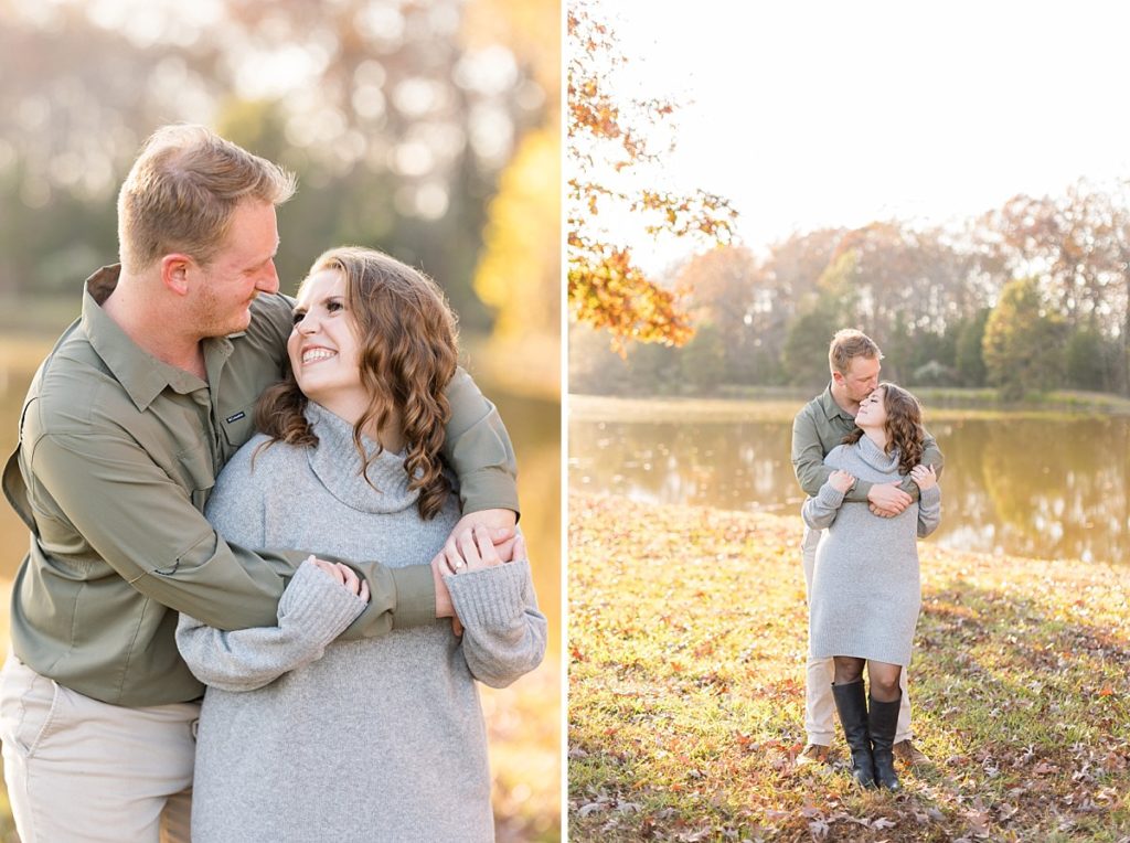 Future bride and groom embracing in front of waterfront | Fall Engagement Photo Session at The Farmstead | Raleigh NC Wedding & Engagement Photographer 
