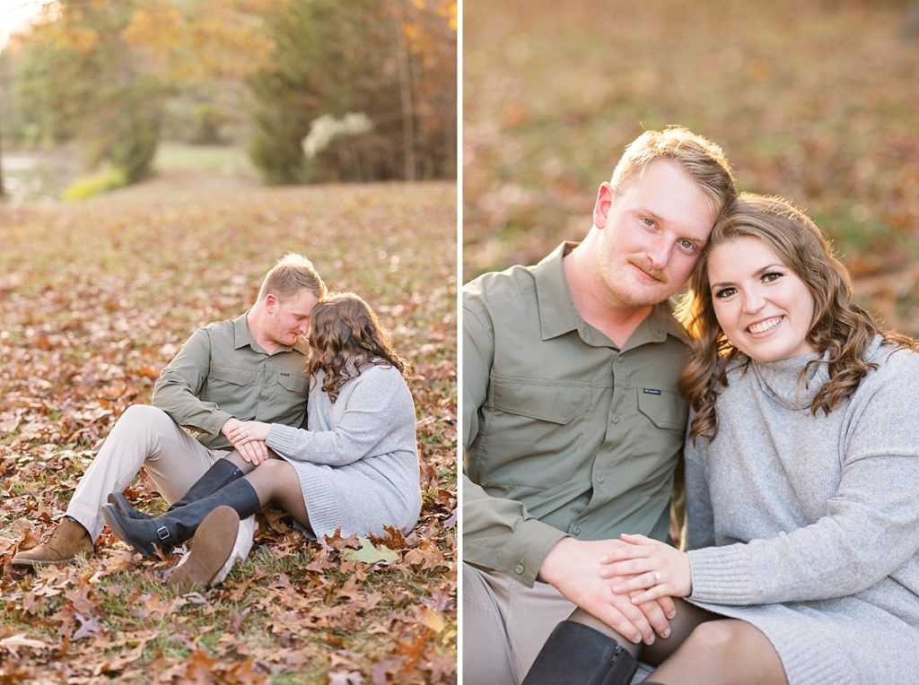Couple sitting in the leaves during their fall engagement session | Raleigh NC Wedding & Engagement Photographer 