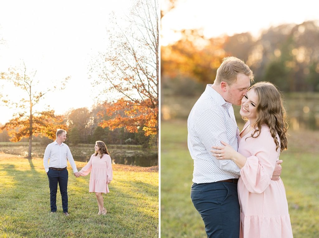 Pink long sleeved baby doll dress for engagement photo shoot and navy dress pant and white button down for fall engagement photoshoot | Fall Engagement Photo Session | Raleigh NC Wedding & Engagement Photographer 
