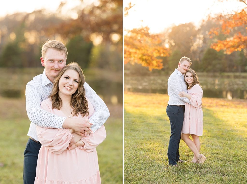 Engagement session in open field with lake | Fall Engagement Photo Session at The Farmstead | Raleigh NC Wedding & Engagement Photographer 