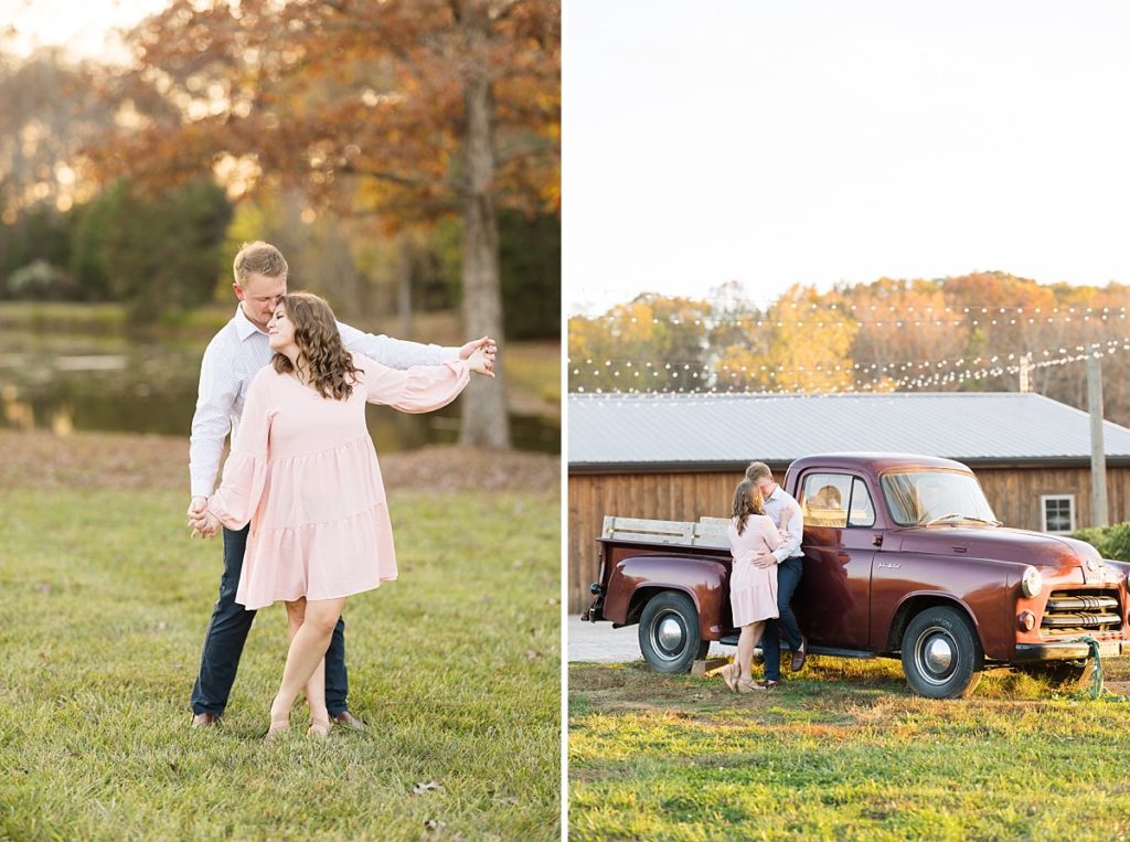 Couple dancing and couple in front of old red pick up truck | Fall Engagement Photo Session at The Farmstead | Raleigh NC Wedding & Engagement Photographer 
