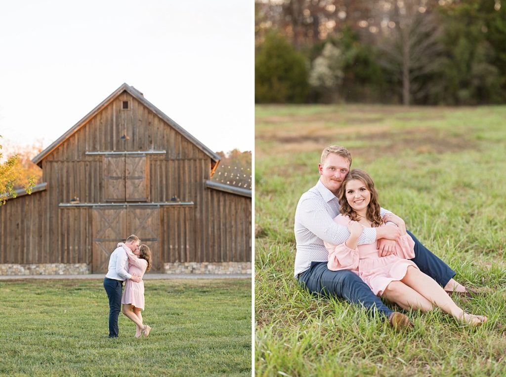 Engagement session in front of old barn and in the grass | Fall Engagement Photo Session at The Farmstead | Raleigh NC Wedding & Engagement Photographer 