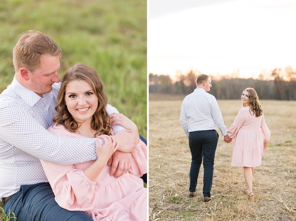 couple embracing and couple walking in the field for engagement photos | Fall Engagement Photo Session at The Farmstead | Raleigh NC Wedding & Engagement Photographer 