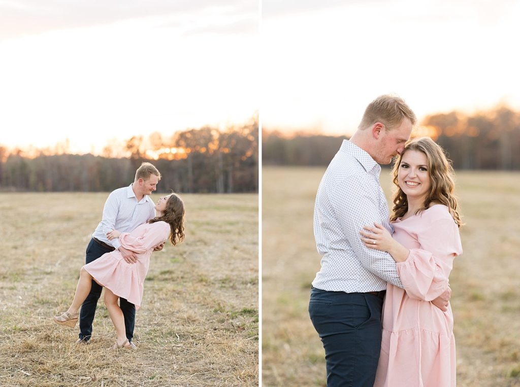 Groom to be dipping his fiance during engagement photos | Fall Engagement Photo Session at The Farmstead | Raleigh NC Wedding & Engagement Photographer 