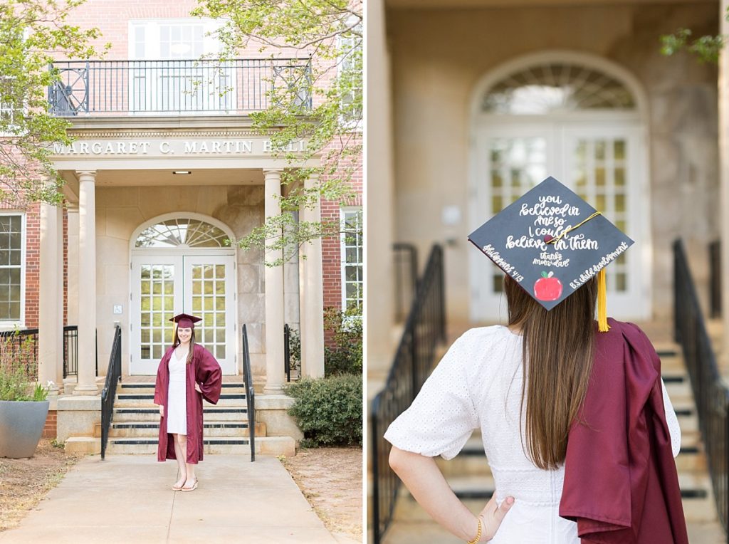 Grad photos in front of Martin Hall | Meredith College Grad | Raleigh Senior Photographer