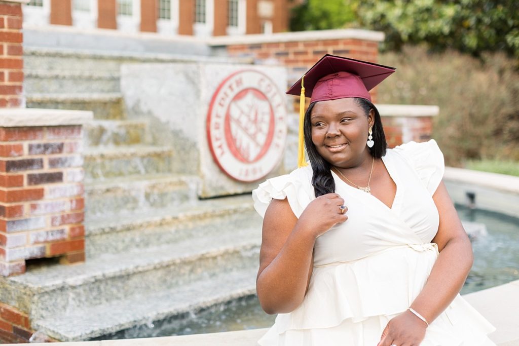 Grad photos by waterfall | Meredith College Grad | Raleigh Senior Photographer