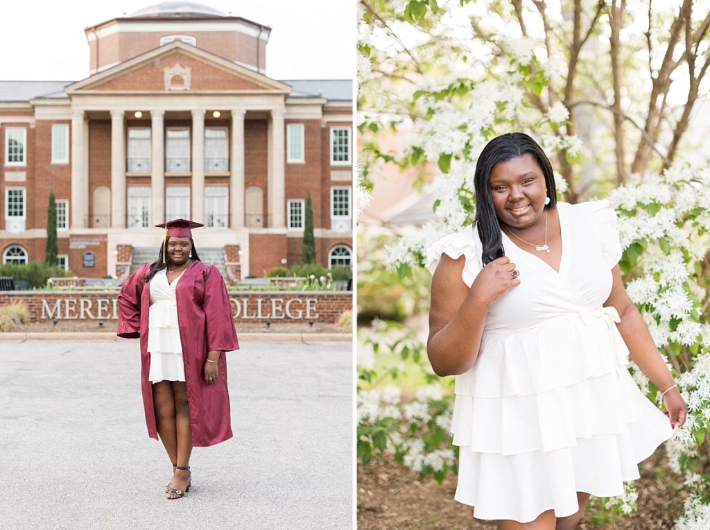 Grad photos in front of tree with white flowers | Meredith College Grad | Raleigh Senior Photographer