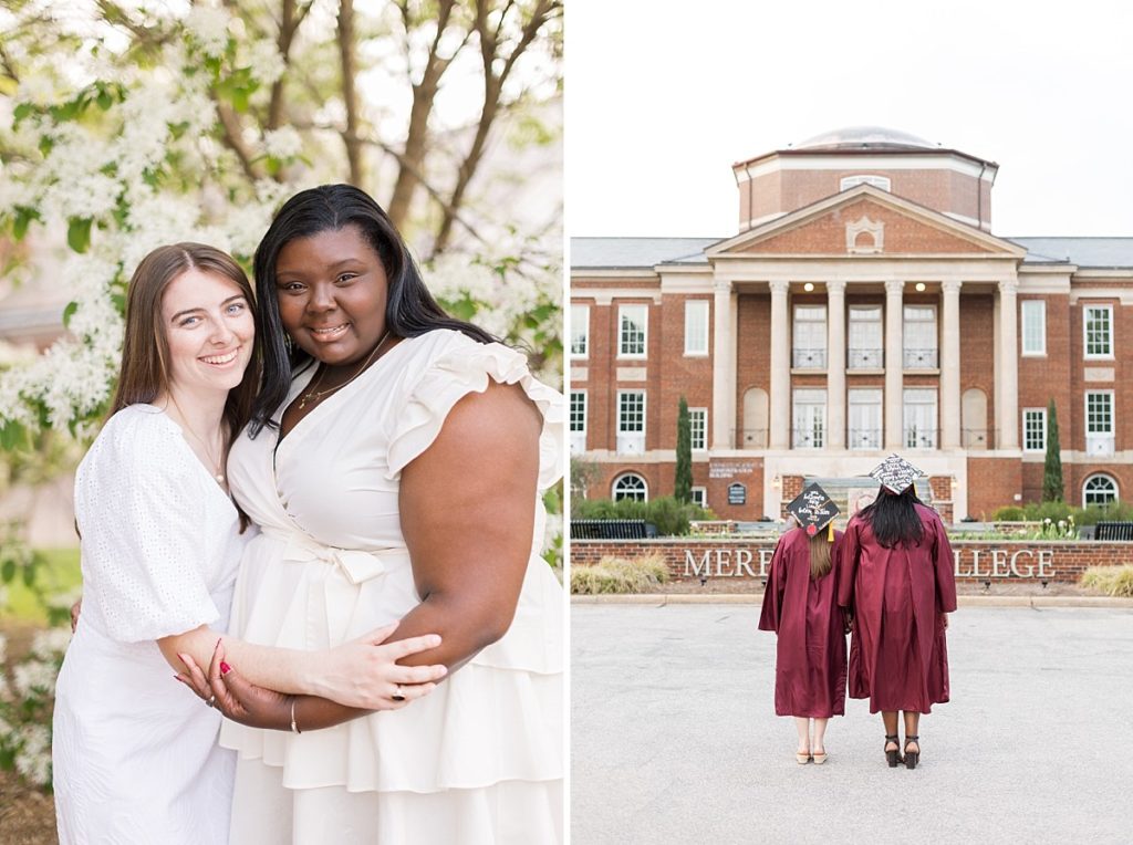 Graduates staring at college with back to camera | Meredith College Grad | Raleigh Senior Photographer