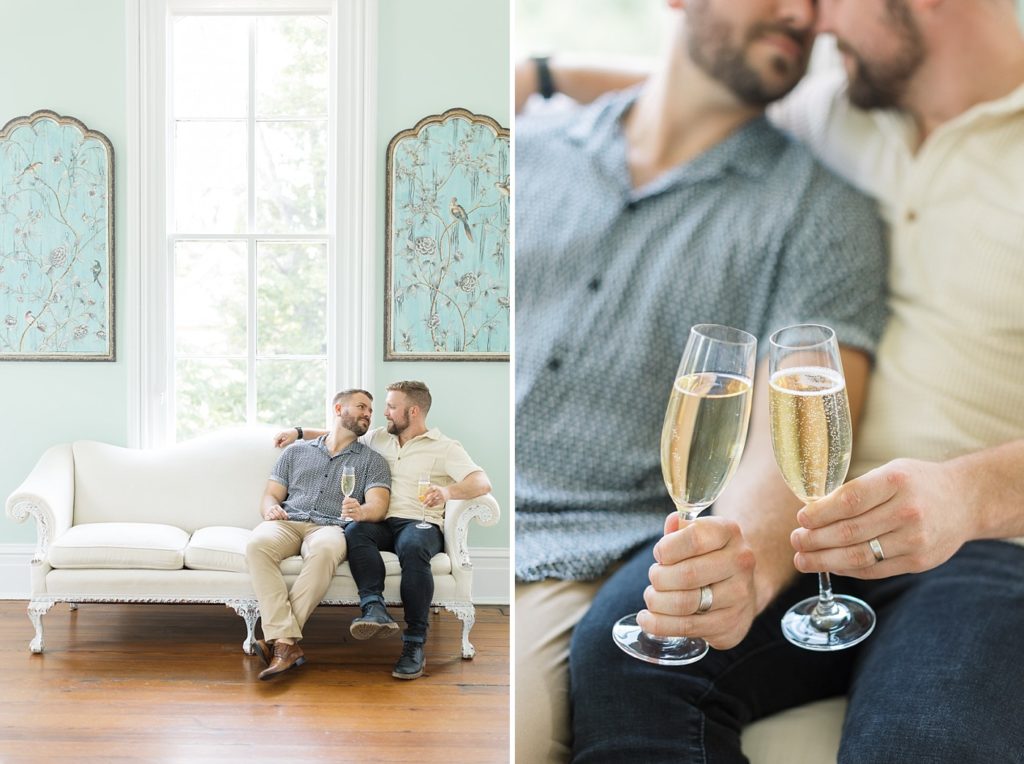 Clinking Champaign on sofa | Merrimon Wynne Engagement Session | Merrimon Wynne Wedding Photographer | Historic Venues in Raleigh | Classic Wedding Venue | Raleigh NC Wedding Photographer