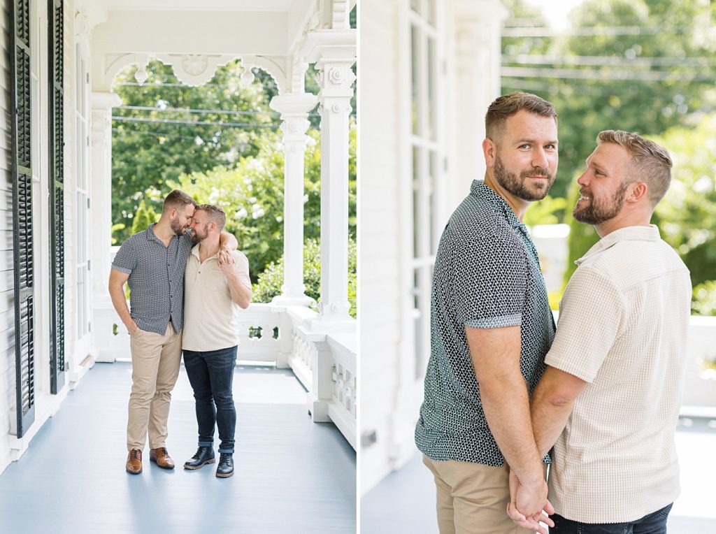 Holding hands on porch | Merrimon Wynne Engagement Session | Merrimon Wynne Wedding Photographer | Historic Venues in Raleigh | Classic Wedding Venue | Raleigh NC Wedding Photographer