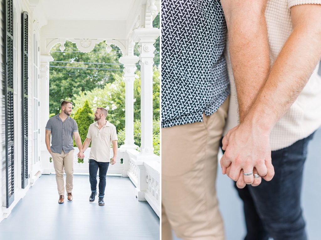 Holding hands showing engagement rings | Merrimon Wynne Engagement Session | Merrimon Wynne Wedding Photographer | Historic Venues in Raleigh | Raleigh NC Wedding Photographer