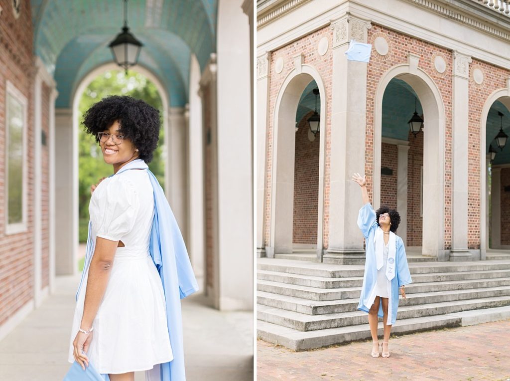 UNC Grad Photos at the Bell Tower | Chapel Hill Senior Photographer | grad photo outfit inspiration 