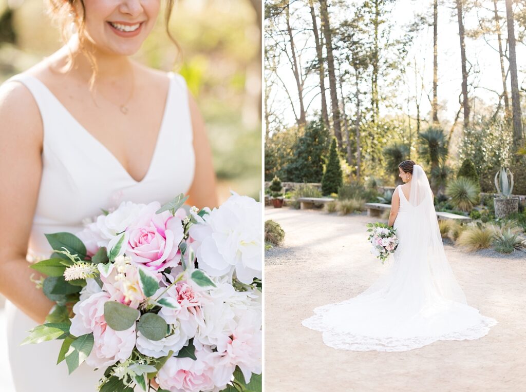 Bride holding colorful bouquet | Bridal Portraits at Duke Gardens | Raleigh NC Wedding Photographer | Bridal Portrait Photographer