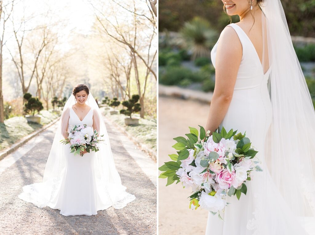 Bride's wedding dress details and closeup of bouquet | Bridal Portraits at Duke Gardens | Raleigh NC Wedding Photographer | Bridal Portrait Photographer