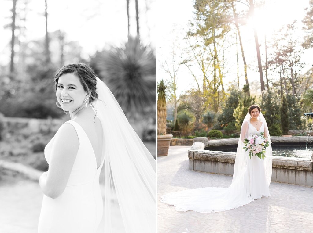 Bride standing by fountain | Bridal Portraits at Duke Gardens | Raleigh NC Wedding Photographer | Bridal Portrait Photographer