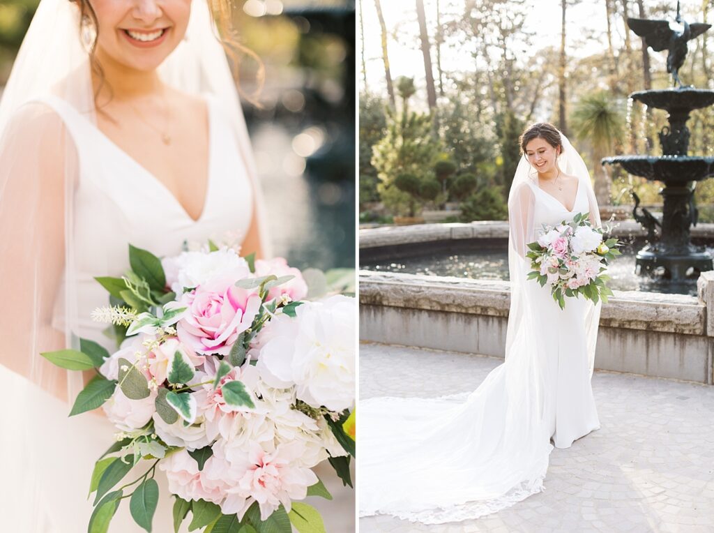 Bride holding bouquet outside by fountain | Bridal Portraits at Duke Gardens | Raleigh NC Wedding Photographer | Bridal Portrait Photographer
