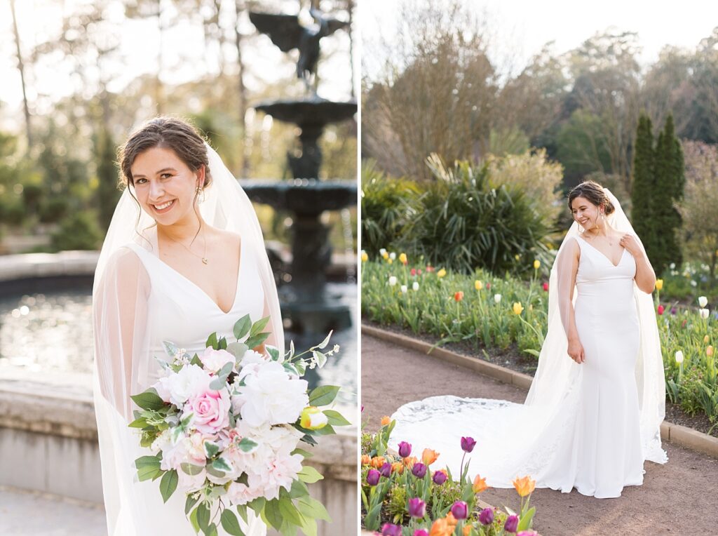 Bride standing outside by garden and fountain | Bridal Portraits at Duke Gardens | Raleigh NC Wedding Photographer | Bridal Portrait Photographer
