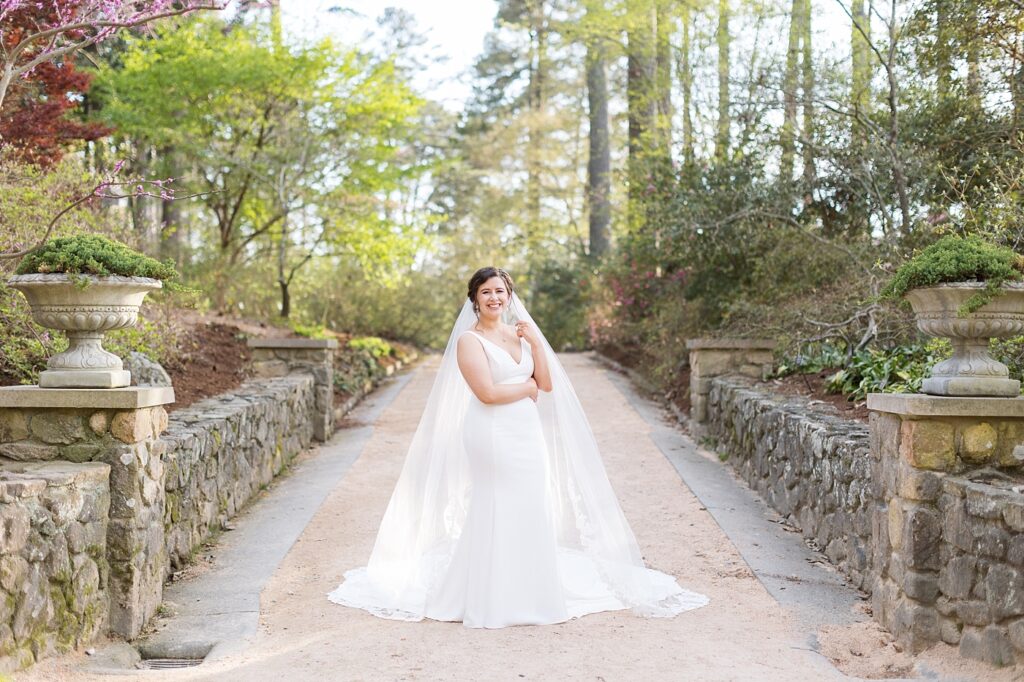 Bride standing on pathway outside | Bridal Portraits at Duke Gardens | Raleigh NC Wedding Photographer | Bridal Portrait Photographer