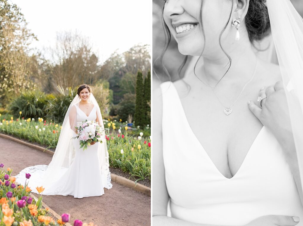 Bride holding bouquet outside near garden | Bridal Portraits at Duke Gardens | Raleigh NC Wedding Photographer | Bridal Portrait Photographer