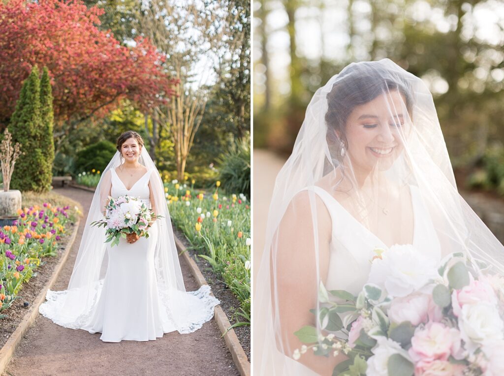 Bride smiling under veil | Bridal Portraits at Duke Gardens | Raleigh NC Wedding Photographer | Bridal Portrait Photographer