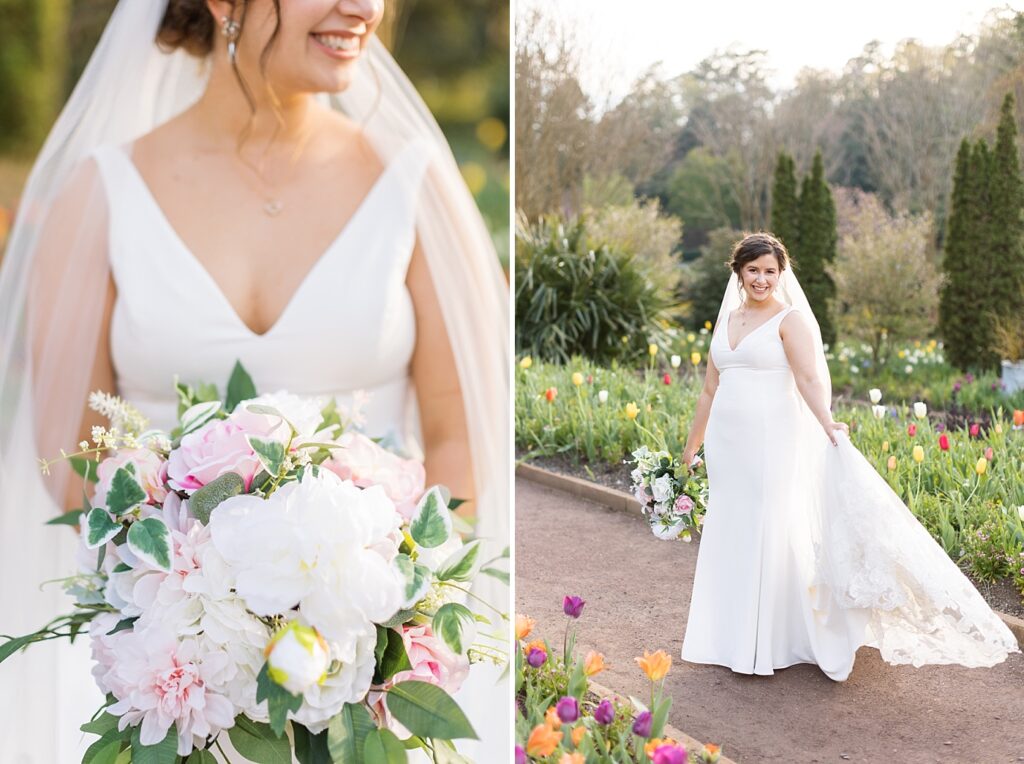 Bride holding bouquet outside by garden | Bridal Portraits at Duke Gardens | Raleigh NC Wedding Photographer | Bridal Portrait Photographer