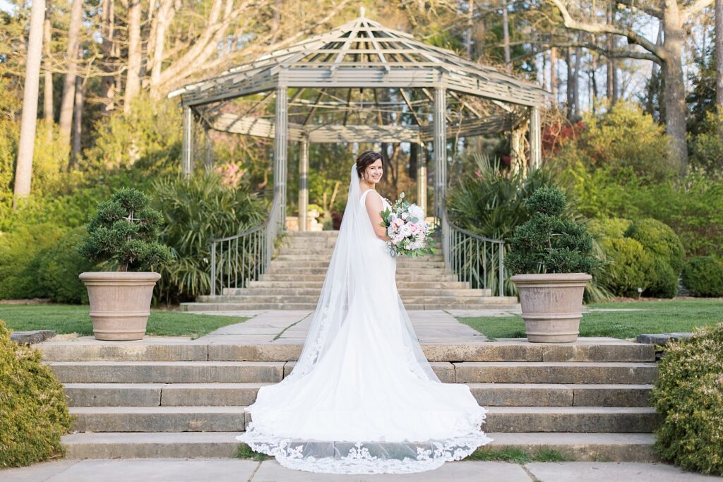 Bride standing in front of gazebo | Bridal Portraits at Duke Gardens | Raleigh NC Wedding Photographer | Bridal Portrait Photographer