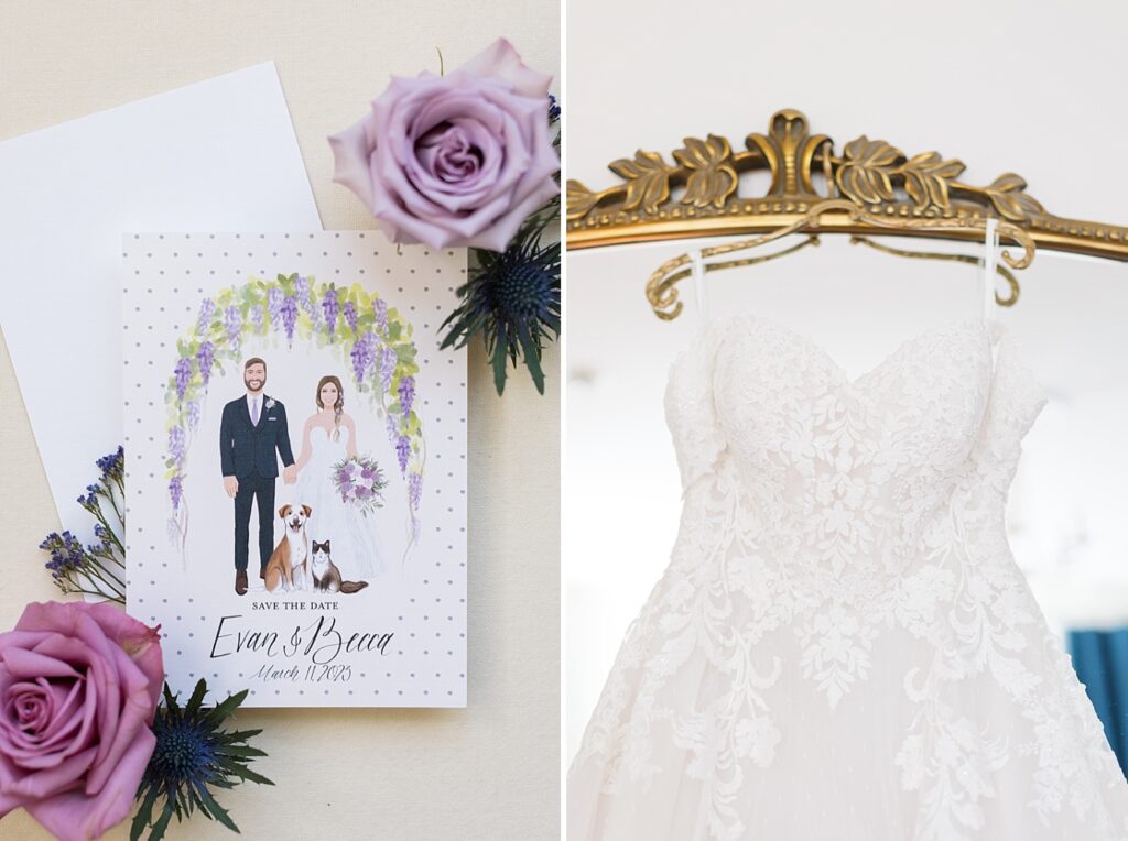 Illustrated save the date and bride's dress hanging on antique mirror | Tangled Inspired Spring Wedding at Walnut Hill | Raleigh NC Wedding Photographer