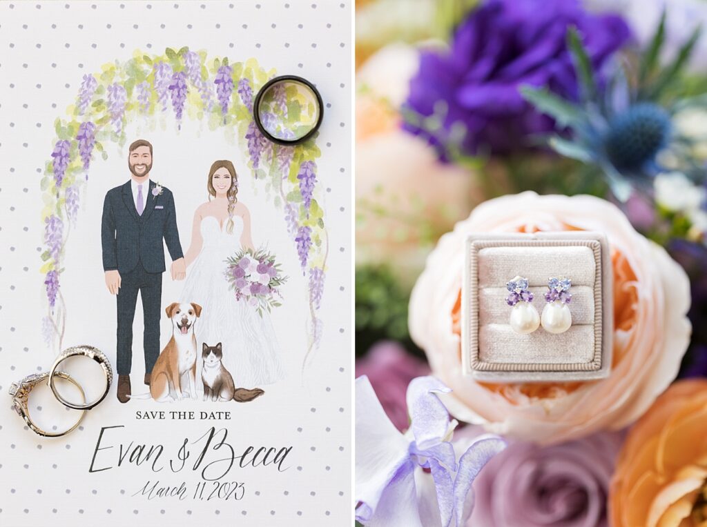 Details of illustrated save the date ad brides pearl and amethyst earrings | Tangled Inspired Spring Wedding at Walnut Hill
