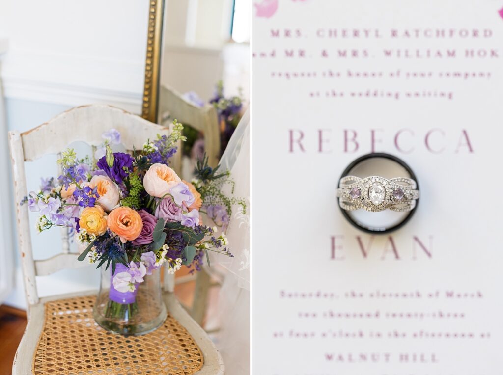 Bright bridal bouquet inspiration and wedding bands on top of wedding invitation | Tangled Inspired Spring Wedding at Walnut Hill | Raleigh NC Wedding Photographer