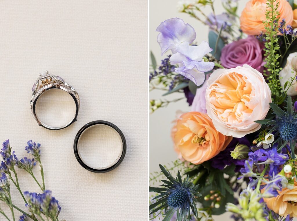 black wedding bands and close up of bridal flowers | Tangled Inspired Spring Wedding at Walnut Hill | Raleigh NC Wedding Photographer