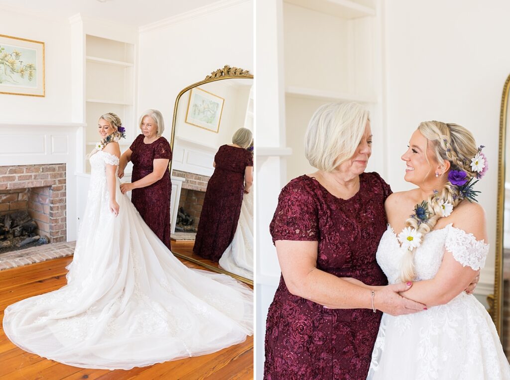 Mother of the bride zipping up brides dress and bride and her mom embracing | Spring Wedding at Walnut Hill | Raleigh NC Wedding Photographer