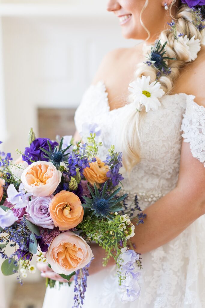Details of bride's Tangled inspired bridal bouquet | Spring Wedding at Walnut Hill | Raleigh NC Wedding Photographer