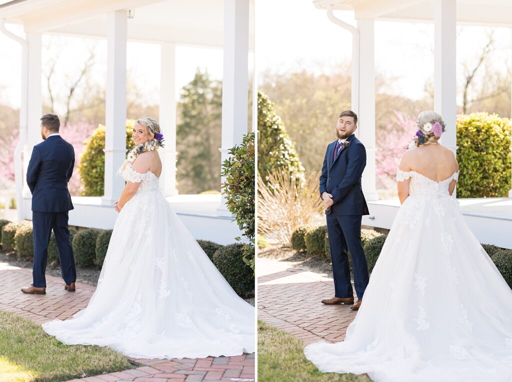 Bride and groom's first look | Tangled Inspired Spring Wedding at Walnut Hill | Raleigh NC Wedding Photographer