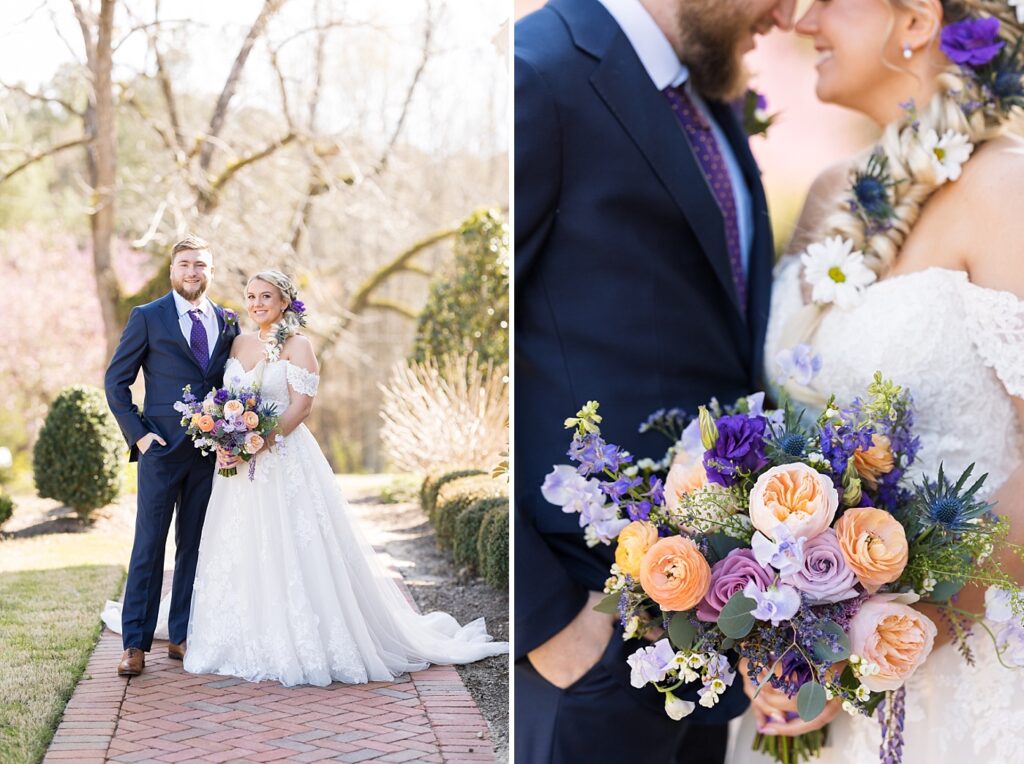 Bride and groom outside and bride and groom with floral details | Tangled Inspired Spring Wedding at Walnut Hill | Raleigh NC Wedding Photographer