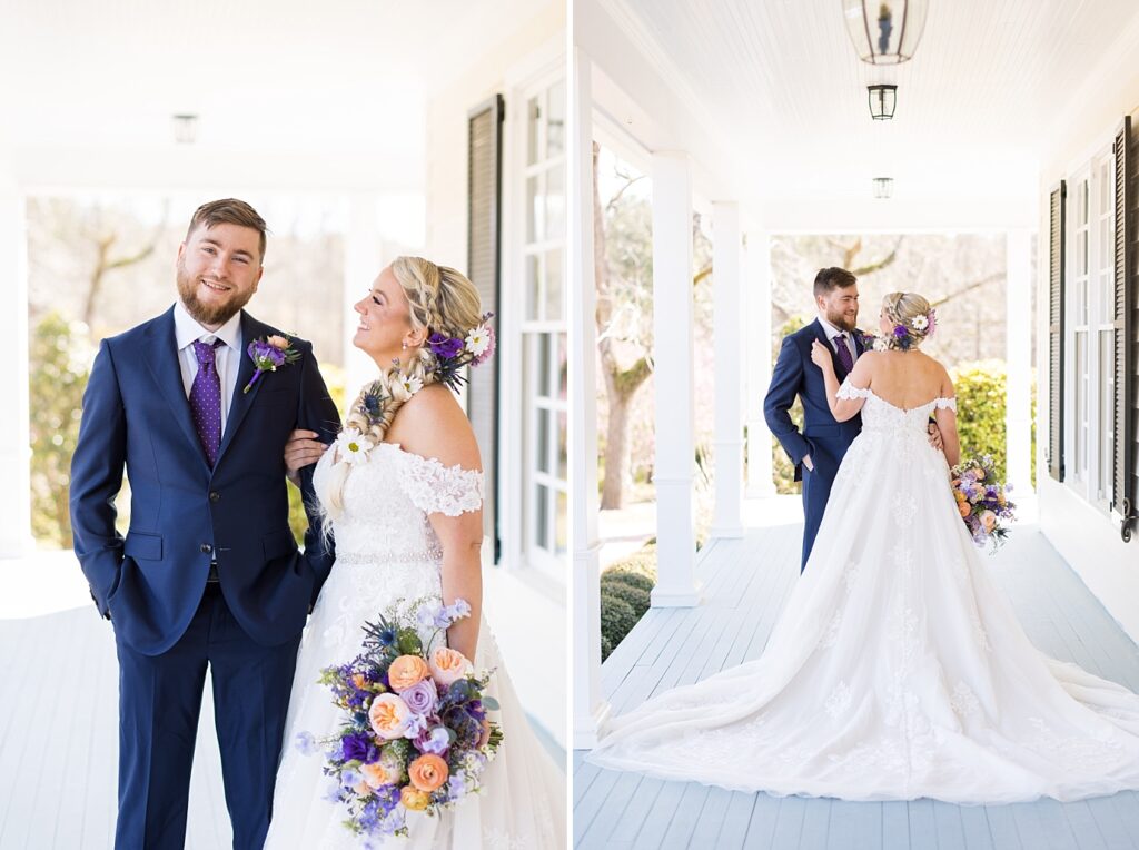 Bride and groom on front porch | Tangled Inspired Spring Wedding| Raleigh NC Wedding Photographer