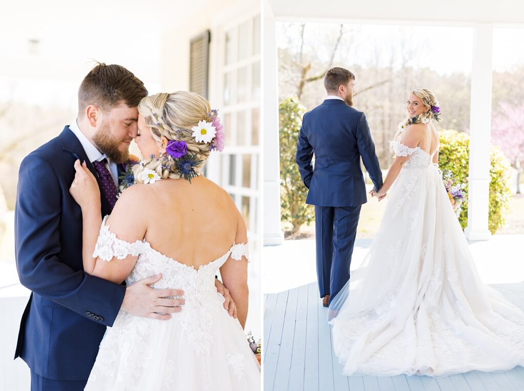 Bride and groom embracing and details of the back of Bride's dress | Tangled Inspired Spring Wedding at Walnut Hill | Raleigh NC Wedding Photographer